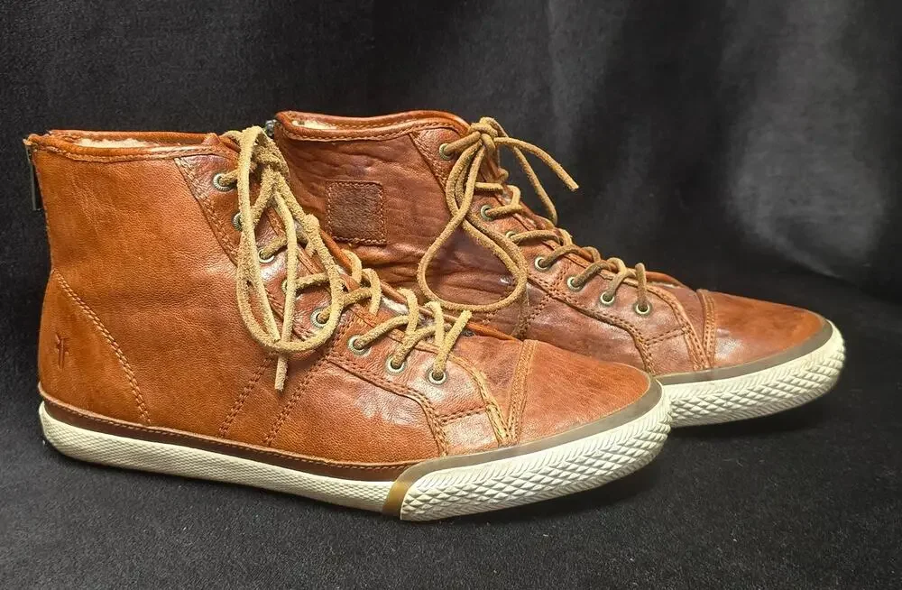 Frye Sheepskin Brown Leather High Top Zip Back Ankle Booties Sneakers Shoes